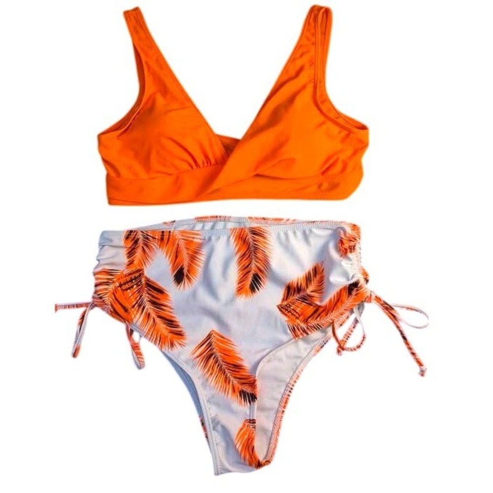 Orange Tropical Palm Leaf Print High Waisted Bikini Set ~ Size Medium~Ruche Side